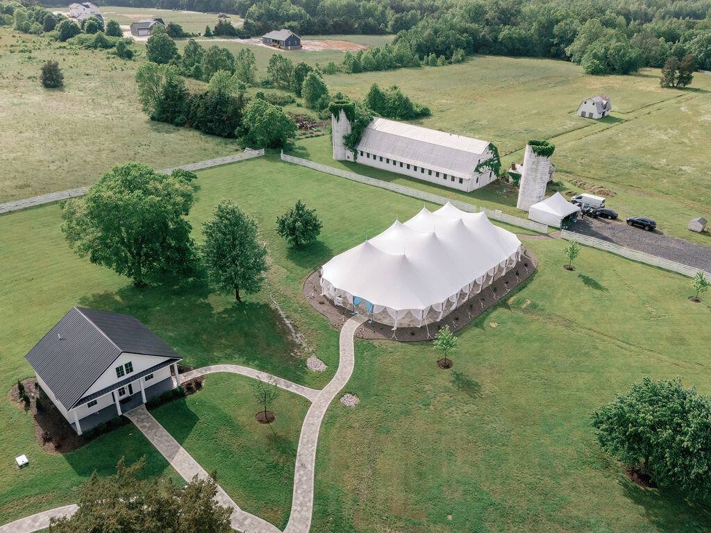 Aerial view of the Northfield Estate grounds, tent, and cottage