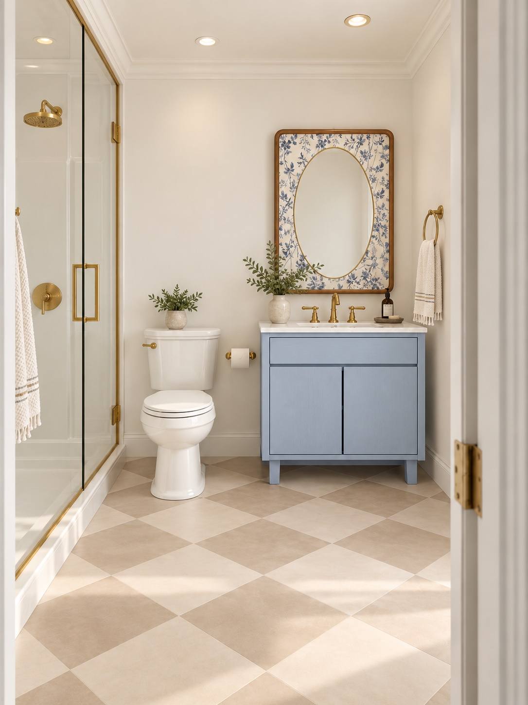 Rendering of a bathroom with a blue vanity and glass shower