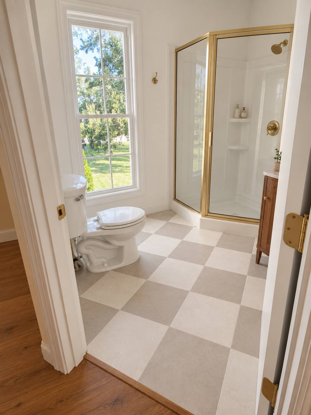 Rendering of a bathroom with a gold-framed glass shower