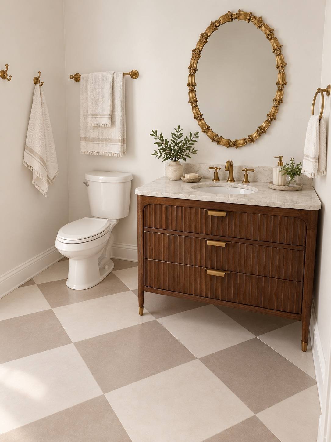 Rendering of a bathroom with a walnut vanity and checkerboard tile