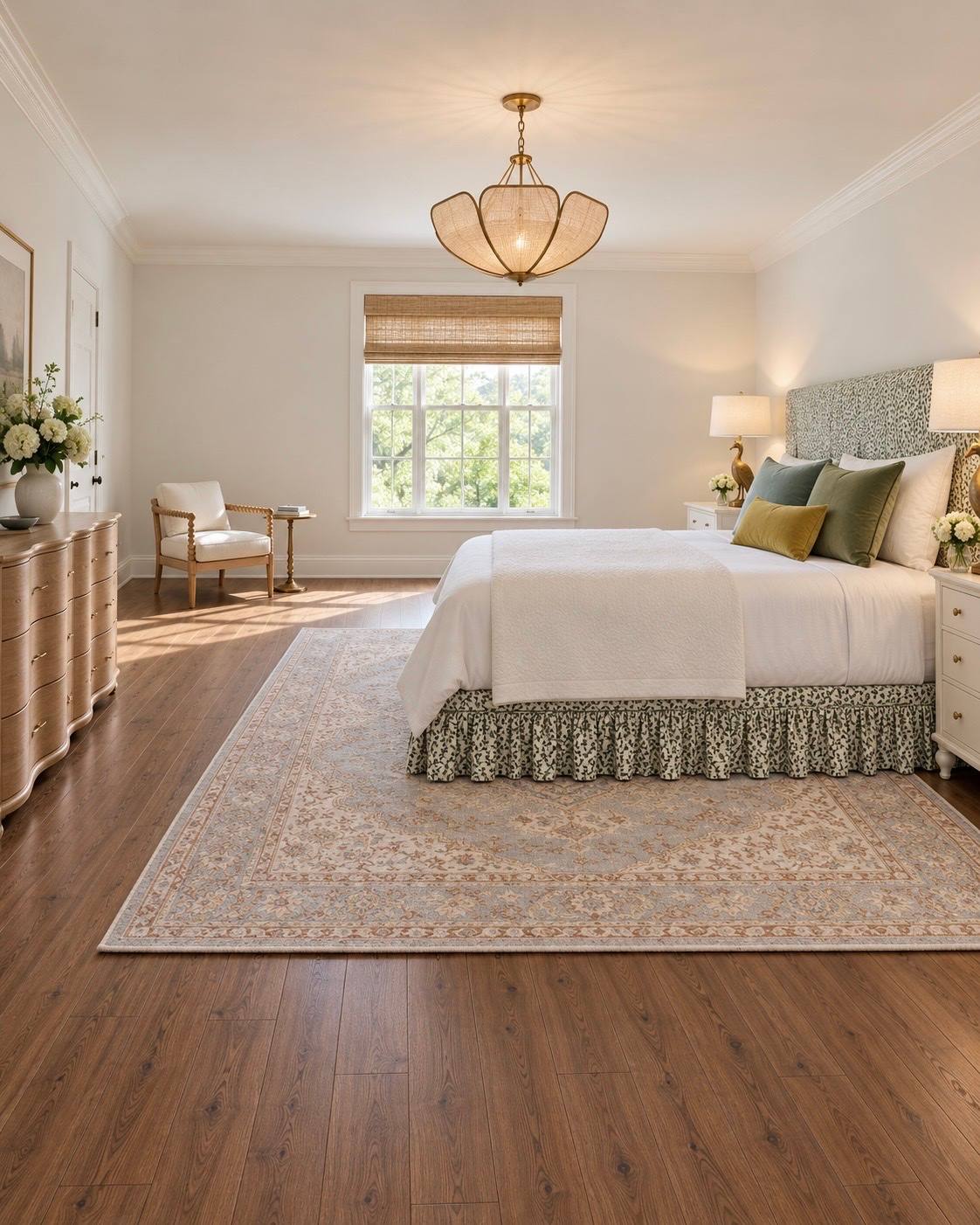 Rendering of an upstairs bedroom with a green patterned bed skirt