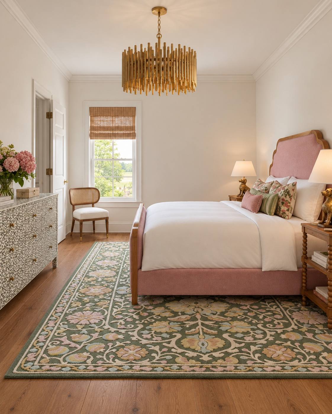 Rendering of an upstairs bedroom with a blush headboard and gold chandelier