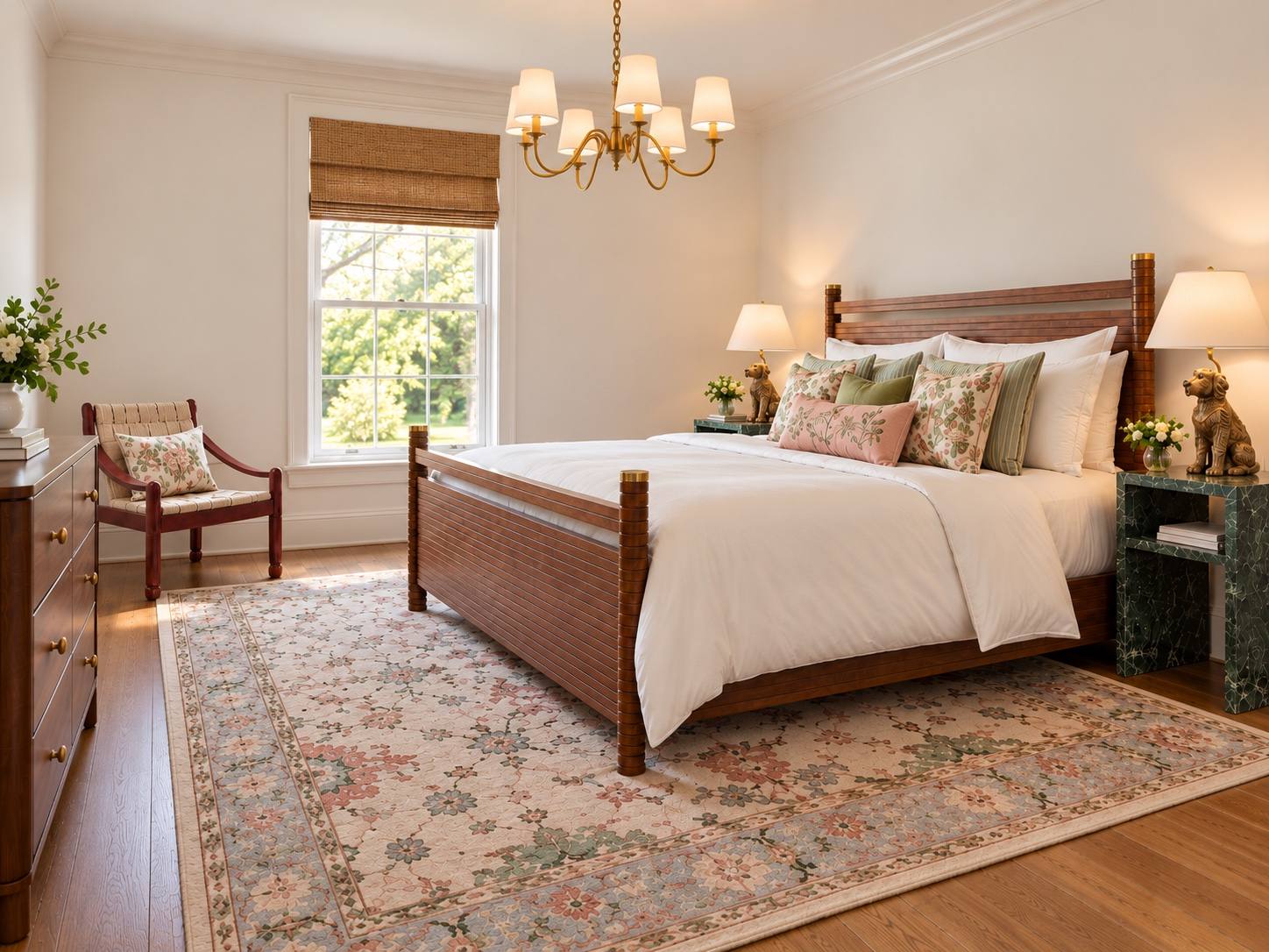 Rendering of an upstairs bedroom with a wood bed and floral rug