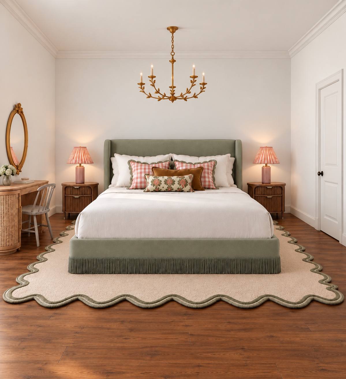 Rendering of an upstairs bedroom with a sage upholstered bed and scalloped rug