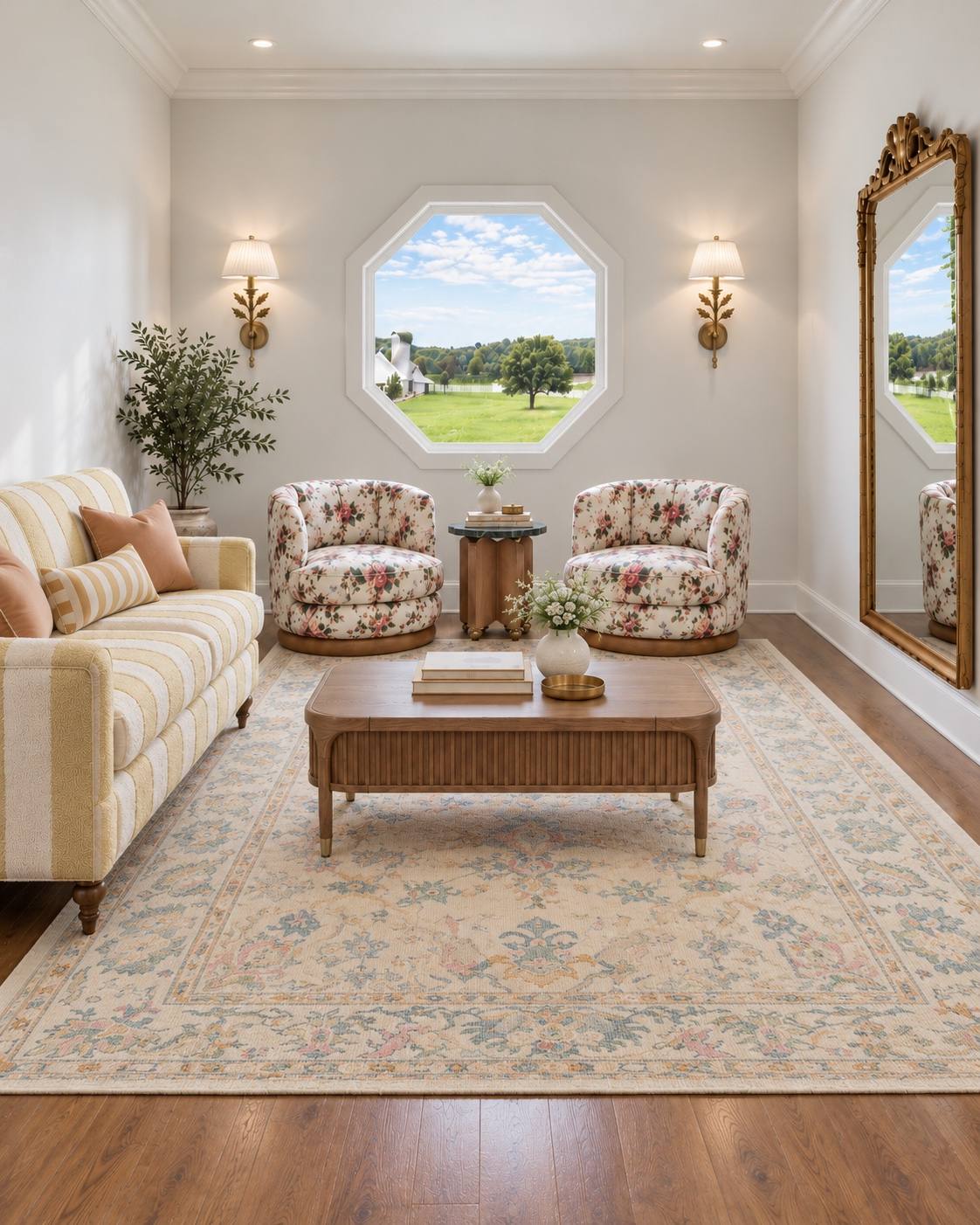 Rendering of the upstairs sitting room with an octagonal window over the fields