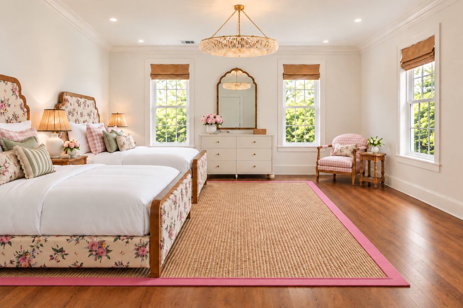 Rendering of an upstairs bedroom with two floral twin beds